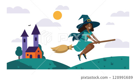 Witch Flying on Broomstick Near Castle in Sunny Landscape Vector Illustration 128991689