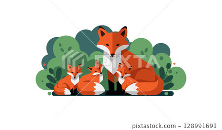 Red fox family with three cubs resting near green bushes in nature vector illustration 128991691