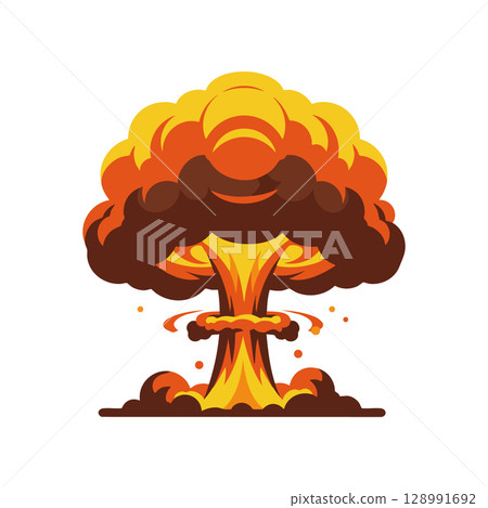 Nuclear explosion mushroom cloud vector illustration with orange and brown colors 128991692