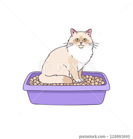 Cat Sitting in Purple Litter Box with Brown Litter Illustration Vector Graphic 128991693