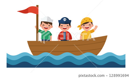 Three Kids Sailing Wooden Boat with Pirate Hat and Red Flag Vector Illustration 128991694
