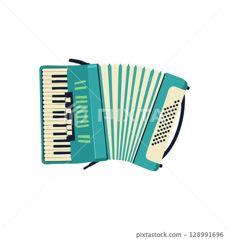 Accordion musical instrument with turquoise and cream color keys and bellows vector illustration 128991696