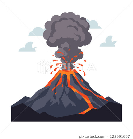 Volcanic eruption with smoke and lava flowing from mountain active volcano scene vector illustration 128991697