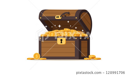 Treasure chest overflowing with gold coins sparkling vector illustration 128991706