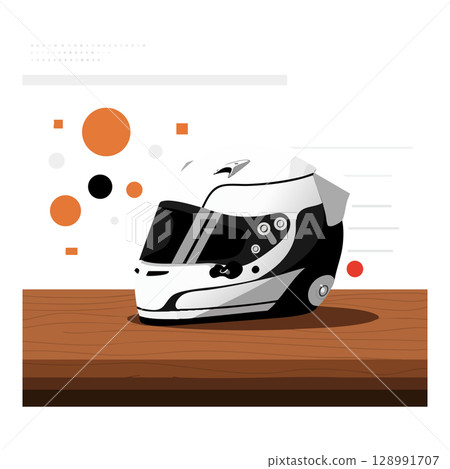 Racing helmet on wooden surface with abstract orange and black shapes vector illustration 128991707