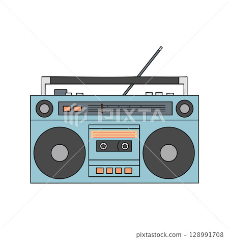 Vintage blue portable radio cassette player vector illustration with antenna and control buttons 128991708