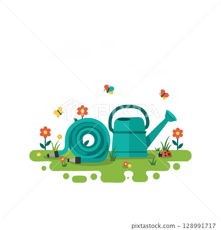 Garden watering hose and watering can with flowers and butterflies vector illustration 128991717