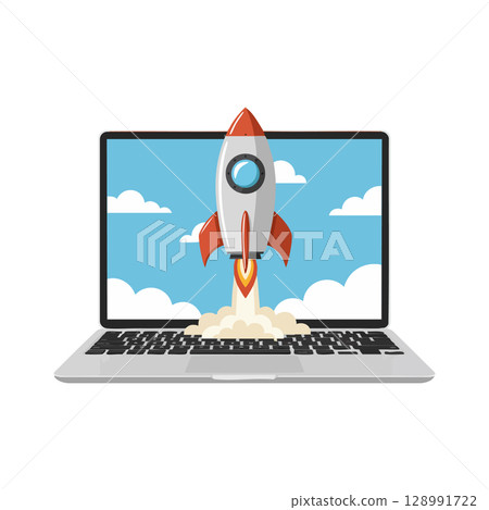 Rocket Launching from Laptop Screen Technology Innovation Concept Illustration 128991722