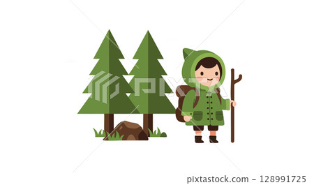 Child Hiking in Green Jacket with Backpack and Walking Stick in Pine Forest Vector Illustration 128991725