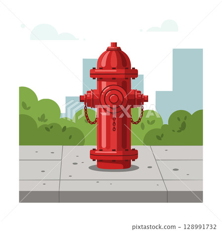 Red fire hydrant on urban sidewalk with green bushes and city buildings background vector illustration Red fire hydrant on urban sidewalk with green bushes and city buildings background vector illustration 128991732