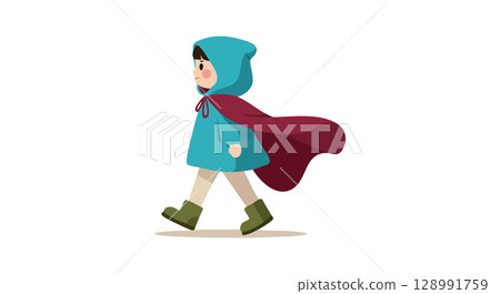 Child walking with blue hooded coat and red cape vector illustration 128991759