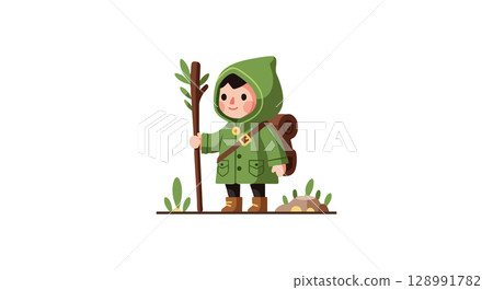 Child wearing green hooded jacket holding wooden stick outdoor adventure illustration 128991782