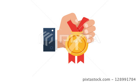 Hand Holding Gold Medal with Red Ribbon Award Achievement Concept Vector Illustration 128991784