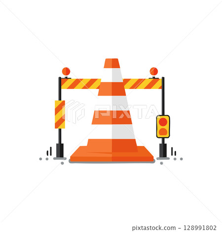 Traffic cone with barricade and warning lights for road safety vector illustration Traffic cone with barricade and warning lights for road safety vector illustration 128991802