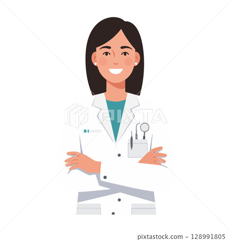 Female Doctor Wearing White Lab Coat with Medical Tools and Arms Crossed Vector Illustration 128991805