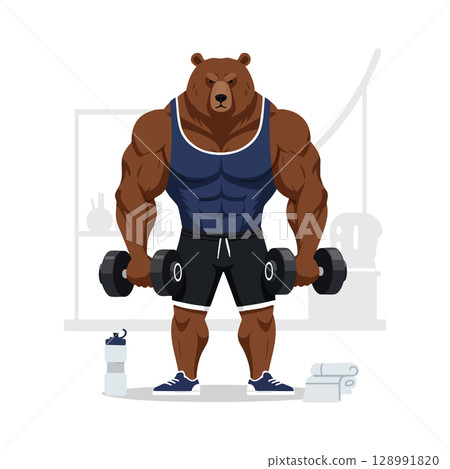 Muscular bear character lifting dumbbells in gym workout fitness illustration 128991820