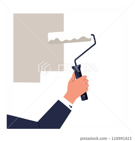 Hand holding paint roller applying beige paint on white wall simple vector illustration Hand holding paint roller applying beige paint on white wall simple vector illustration 128991821