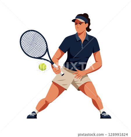 Female tennis player preparing to hit ball with racket in sports action pose Female tennis player preparing to hit ball with racket in sports action pose 128991824