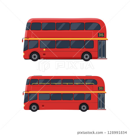 Red double decker bus vector illustration with route number 31s in side view Red double decker bus vector illustration with route number 31s in side view 128991834