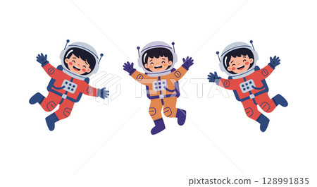 Three Happy Children Wearing Colorful Space Suits Floating in Zero Gravity Vector Illustration Three Happy Children Wearing Colorful Space Suits Floating in Zero Gravity Vector Illustration 128991835