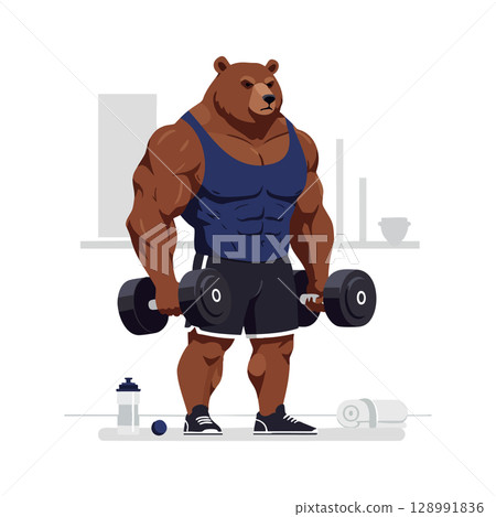 Muscular bear lifting dumbbells in gym workout fitness training vector illustration 128991836