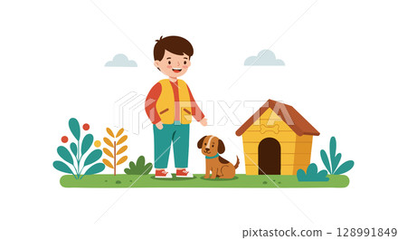 Boy standing next to dog and doghouse with colorful plants and clouds vector illustration 128991849