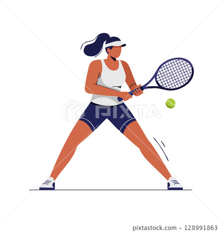 Female tennis player hitting ball with racket in sports action vector illustration Female tennis player hitting ball with racket in sports action vector illustration 128991863