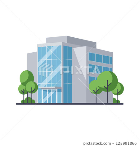 Modern office building with glass windows and surrounding green trees vector illustration Modern office building with glass windows and surrounding green trees vector illustration 128991866