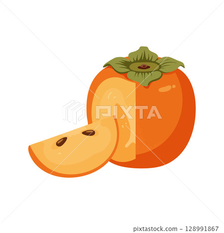 Persimmon fruit with slice showing orange flesh and green calyx vector illustration 128991867