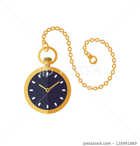 Gold Pocket Watch with Chain Vector Illustration in Flat Design Style 128991869
