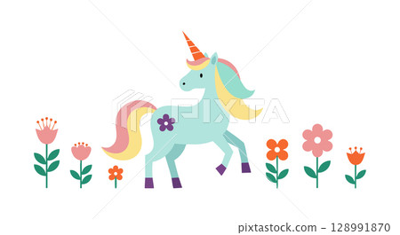 Cute unicorn with colorful mane and horn surrounded by flowers vector illustration 128991870