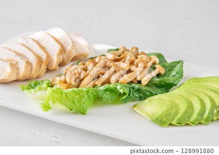 Avocado, mushrooms, and chicken presented as fresh minimalist healthy lifestyle plate Avocado, mushrooms, and chicken presented as fresh minimalist healthy lifestyle plate 128991880