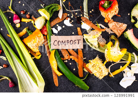 Vegetable waste for making compost. Zero waste concept Vegetable waste for making compost. Zero waste concept 128991991