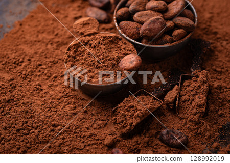 Cocoa powder, beans and natural chocolate 128992019
