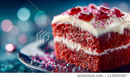 A close-up of a decadent red velvet cake slice topped with white frosting, heart-shaped red candies, and a mint leaf, presented on a white plate with elegant bokeh 128992087