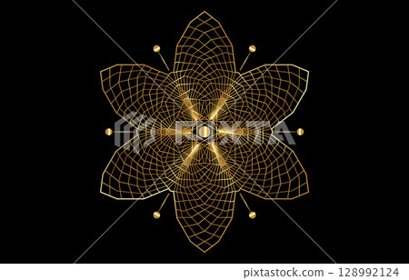 Seed of life symbol Sacred Geometry. Gold Logo icon Geometric mystic mandala of alchemy esoteric Flower of Life. Interlaced gold circles, vector divine meditative amulet isolated on black background Seed of life symbol Sacred Geometry. Gold Logo icon Geometric mystic mandala of alchemy esoteric Flower of Life. Interlaced gold circles, vector divine meditative amulet isolated on black background 128992124
