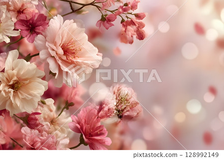 Beautiful spring flowers, in shades of pink and cream, open softly, with delicate petals drifting down, creating a serene and lovely scene for appreciation. 128992149