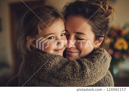 A happy young child embraces a loving mother, sharing a warm and tender hug filled with genuine joy and deep family connection. 128992157