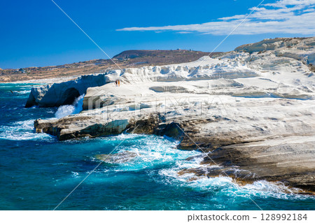 White chalk cliffs in Sarakiniko, Milos island, Cyclades, Greece 128992184