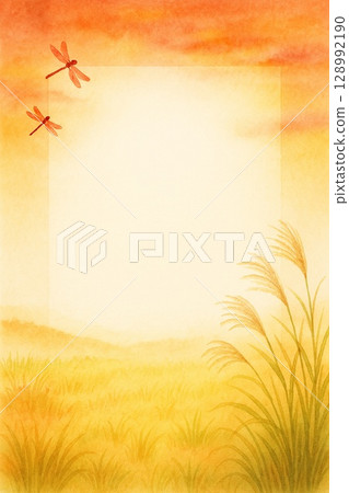 Postcard Sunset Red Dragonfly Japanese Silver Grass 128992190