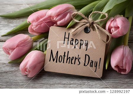 Pink tulip flowers with a 'Happy Mother's Day' message tag rest on a textured wooden background, celebrating this special day. 128992197