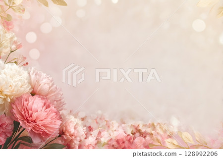 Delicate pink and white flowers beautifully adorn a soft light background with glowing bokeh, perfect for celebrating a mother's day. 128992206