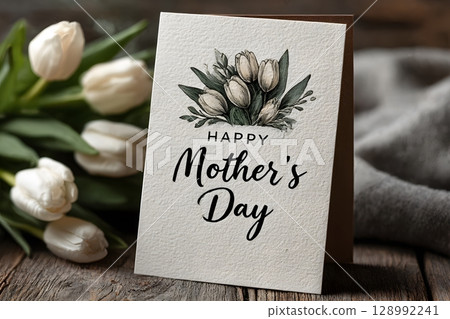 A heartfelt Happy Mother's Day card, adorned with flowers, is beautifully displayed with fresh white tulips, celebrating mothers. A heartfelt Happy Mother's Day card, adorned with flowers, is beautifully displayed with fresh white tulips, celebrating mothers. 128992241