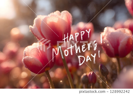 Vibrant pink tulips sparkle with fresh morning dew, celebrating the special beauty of Happy Mother's Day. Vibrant pink tulips sparkle with fresh morning dew, celebrating the special beauty of Happy Mother's Day. 128992242