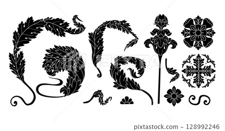 Art nouveau black acanthus leaf silhouette hand drawn floral set 128992246