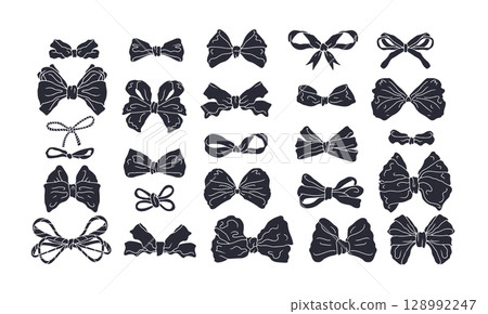 Hand drawn black silhouette fancy bow knots set isolated on white background Hand drawn black silhouette fancy bow knots set isolated on white background 128992247
