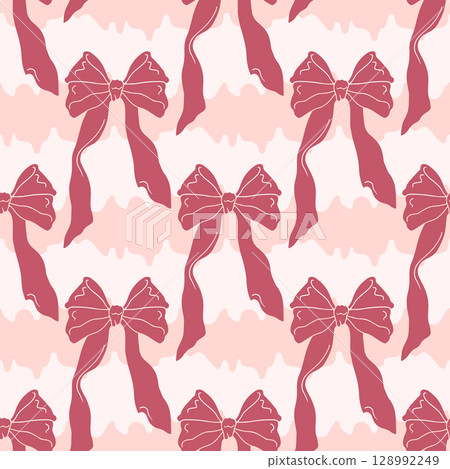 Seamless pattern with cute hand drawn fancy pink bow knots. Pretty retro coquettes wallpaper. Vintage romantic repeat background for wedding, birthday or Valentines decoration 128992249
