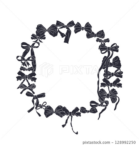 Hand drawn black silhouette cute fancy bow knots wreath. Vintage coquette round frame template 128992250