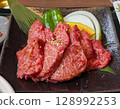 Luxurious grilled meat plate with marbled Wagyu beef skirt steak 128992253