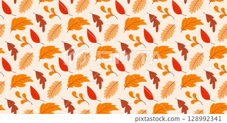 Autumn cozy seamless pattern with falling leaves 128992341